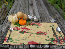 Load image into Gallery viewer, Tache Floral Red Roses Hummingbirds Golden Woven Tapestry Placemat Set (18115)