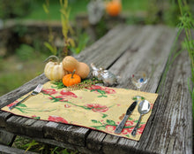 Load image into Gallery viewer, Tache Floral Red Roses Hummingbirds Golden Woven Tapestry Placemat Set (18115)