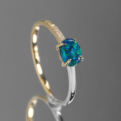 18K Two-Tone Gold Black Opal Diamond Wedding Band Engagement Ring