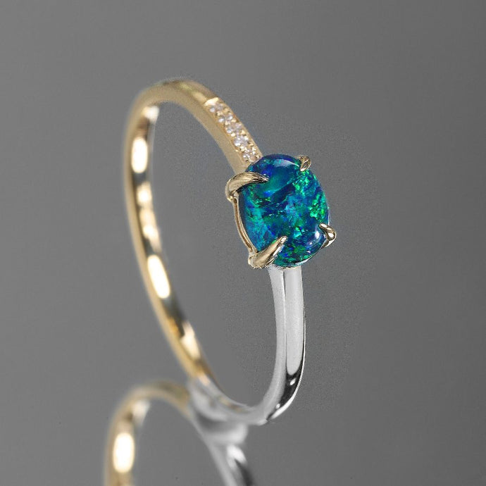 18K Two-Tone Gold Black Opal Diamond Wedding Band Engagement Ring