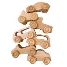 Load image into Gallery viewer, 7 Pcs Natural Wooden Cars Set with 3 pcs Peg Dolls