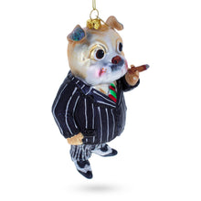 Load image into Gallery viewer, Dapper Bulldog in Suit with Cigar Glass Christmas Ornament