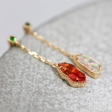Load image into Gallery viewer, Two Colors Mexican Fire Opal Tsavorite Drop Earrings 18k Yellow Gold
