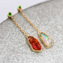 Load image into Gallery viewer, Two Colors Mexican Fire Opal Tsavorite Drop Earrings 18k Yellow Gold
