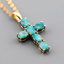 Load image into Gallery viewer, Australian Doublet Opal Cross Pendant Necklace 14K Yellow Gold