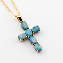 Load image into Gallery viewer, Australian Doublet Opal Cross Pendant Necklace 14K Yellow Gold