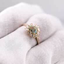 Load image into Gallery viewer, La Fiesta - Lightning Ridge Black Opal &amp; Halo Pear Diamond Engagement Wedding Ring 18K Yellow Gold