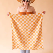 Load image into Gallery viewer, 100% Turkish Cotton Sand Resistant Beach Towel in Orange/Tan Checker | Groovy &#39;70s Aesthetic Themed Checkered Large Thin Towel