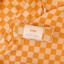 Load image into Gallery viewer, 100% Turkish Cotton Sand Resistant Beach Towel in Orange/Tan Checker | Groovy &#39;70s Aesthetic Themed Checkered Large Thin Towel