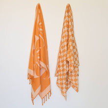 Load image into Gallery viewer, 100% Turkish Cotton Sand Resistant Beach Towel in Orange/Tan Checker | Groovy &#39;70s Aesthetic Themed Checkered Large Thin Towel