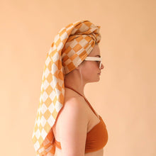 Load image into Gallery viewer, 100% Turkish Cotton Sand Resistant Beach Towel in Orange/Tan Checker | Groovy &#39;70s Aesthetic Themed Checkered Large Thin Towel