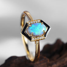 Load image into Gallery viewer, Unique Semi Black Opal &amp; Diamond Black Agate Engagement Ring 18K Yellow Gold