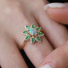 Load image into Gallery viewer, Flowers Design Semi-Black Opal Diamond Tsavorite Engagement Ring 18K Yellow Gold