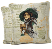 Load image into Gallery viewer, Tache Puppy Day Out French European Postcard Emerald Green Beige Tapestry Throw Pillow Cover (CC-1354)