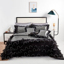 Load image into Gallery viewer, Tache Luxurious Glam Night Out Silver Sequin Black Organza Ruffle 6pc Comforter Set (1622)