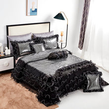 Load image into Gallery viewer, Tache Luxurious Glam Night Out Silver Sequin Black Organza Ruffle 6pc Comforter Set (1622)