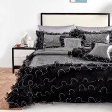 Load image into Gallery viewer, Tache Luxurious Glam Night Out Silver Sequin Black Organza Ruffle 6pc Comforter Set (1622)