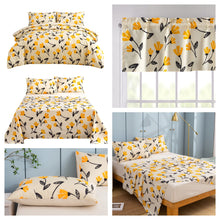 Load image into Gallery viewer, DaDa Bedding Yellow Fleur Golden Orange Botanical Ivory Duvet Cover &amp; Fitted Flat Bed Sheets Set w/ Pillow Cases Window Valances (18112)