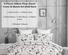 Load image into Gallery viewer, DaDa Bedding Yellow Fleur Golden Orange Botanical Ivory Duvet Cover &amp; Fitted Flat Bed Sheets Set w/ Pillow Cases Window Valances (18112)