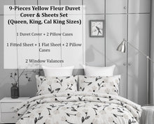 Load image into Gallery viewer, DaDa Bedding Yellow Fleur Golden Orange Botanical Ivory Duvet Cover &amp; Fitted Flat Bed Sheets Set w/ Pillow Cases Window Valances (18112)