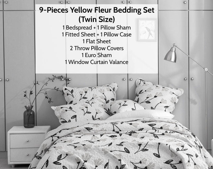 DaDa Bed in a Bag Bundle Set - Yellow Fleur Botanical Ivory Tan Floral Bedding Set (18112)