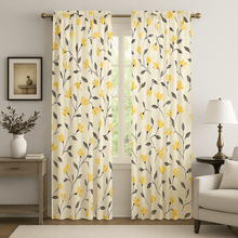 Load image into Gallery viewer, DaDa Bedding Set of 2 Botanical Floral Window Curtain Panels - Natural Semi Sheer Yellow Fleur Golden Orange Spring Time Tulips Straight Tailored Edge