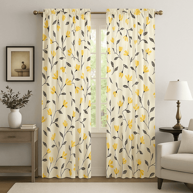 DaDa Bedding Set of 2 Botanical Floral Window Curtain Panels - Natural Semi Sheer Yellow Fleur Golden Orange Spring Time Tulips Straight Tailored Edge