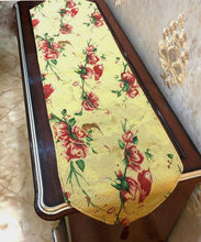 Load image into Gallery viewer, Tache Floral Red Roses Hummingbirds Golden Woven Tapestry Table Runner (18115)