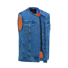 Load image into Gallery viewer, Mens Blue Denim Motorcycle Vest with Concealed Snaps &amp; Zipper