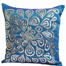 Load image into Gallery viewer, Blue Throw Pillows With Silver Sequins Dazzling Flower Floral Pillow cover