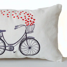 Load image into Gallery viewer, Decorative Throw Pillow Cover with Heart Bicycle Embroidered on Canvas-12x20- Engagement Wedding Anniversary Birthday Gift- Back to School