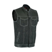 Load image into Gallery viewer, Men's Leather-Denim Combo Motorcycle Vest w/ Scoop Collar
