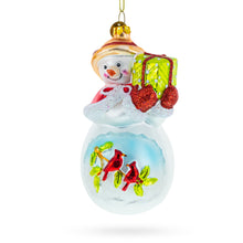 Load image into Gallery viewer, Snowman with Red Cardinals Holding a Gift Glass Christmas Ornament
