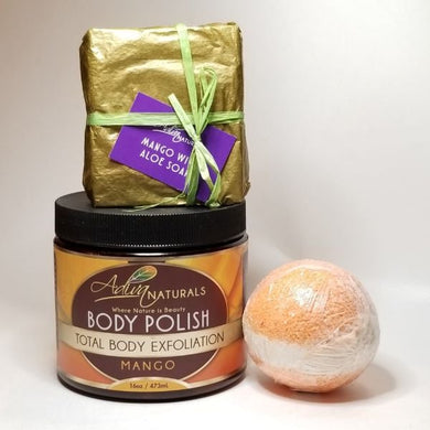Luxurious Bath Set: Body Polish, Bath Bomb & Soap - Mango