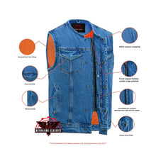 Load image into Gallery viewer, Mens Blue Denim Motorcycle Vest with Concealed Snaps &amp; Zipper