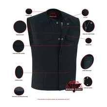 Load image into Gallery viewer, Mens Black Denim Motorcycle Vest with Concealed Snaps &amp; Zipper
