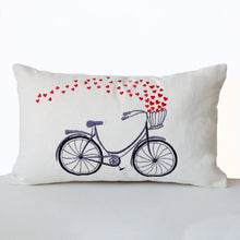 Load image into Gallery viewer, Decorative Throw Pillow Cover with Heart Bicycle Embroidered on Canvas-12x20- Engagement Wedding Anniversary Birthday Gift- Back to School