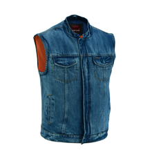 Load image into Gallery viewer, Men's Blue Denim Motorcycle Vest with Lace &amp; Pockets