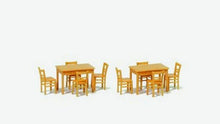 Load image into Gallery viewer, Preiser 17218 HO Scale Table &amp; Chairs -- 2 Tables &amp; 8 Chairs (natural wood)