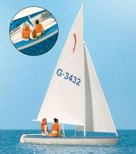 Load image into Gallery viewer, Preiser 10676 HO Scale Korsar Sailboat w/Sailor -- Sails Up (white, red, blue)