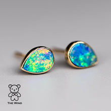 Load image into Gallery viewer, Geometric Pear Shaped Australian Doublet Opal Stud Earrings 14K Yellow Gold
