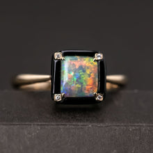 Load image into Gallery viewer, Unique Square Black Opal Agate Diamond Engagement Ring 18K Yellow Gold