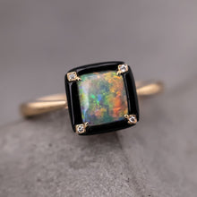 Load image into Gallery viewer, Unique Square Black Opal Agate Diamond Engagement Ring 18K Yellow Gold
