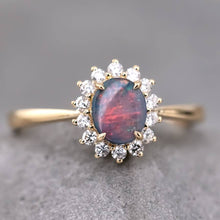 Load image into Gallery viewer, The Modern Classic - Black Opal Diamond Halo Engagement Ring 18K Yellow Gold