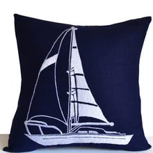 Load image into Gallery viewer, Decorative Pillow Nautical Vibe Yacht Motif  In Navy Blue Linen