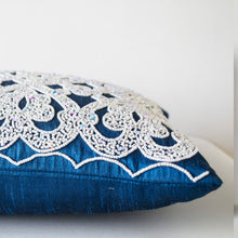 Load image into Gallery viewer, Decorative Throw Pillow In Blue Silk White Sequin Embroidery Accent Pillow Gift