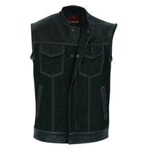 Load image into Gallery viewer, Men's Leather-Denim Combo Motorcycle Vest w/ Scoop Collar