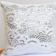 Load image into Gallery viewer, Exquisitely Embroidered Ivory Throw Pillow Cover with Silver Sashiko Pattern