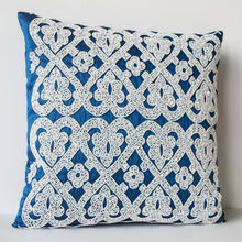 Load image into Gallery viewer, Decorative Throw Pillow In Blue Silk White Sequin Embroidery Accent Pillow Gift