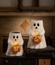 Load image into Gallery viewer, Scaredy Boo With Pumpkin Bucket Paper Mache
